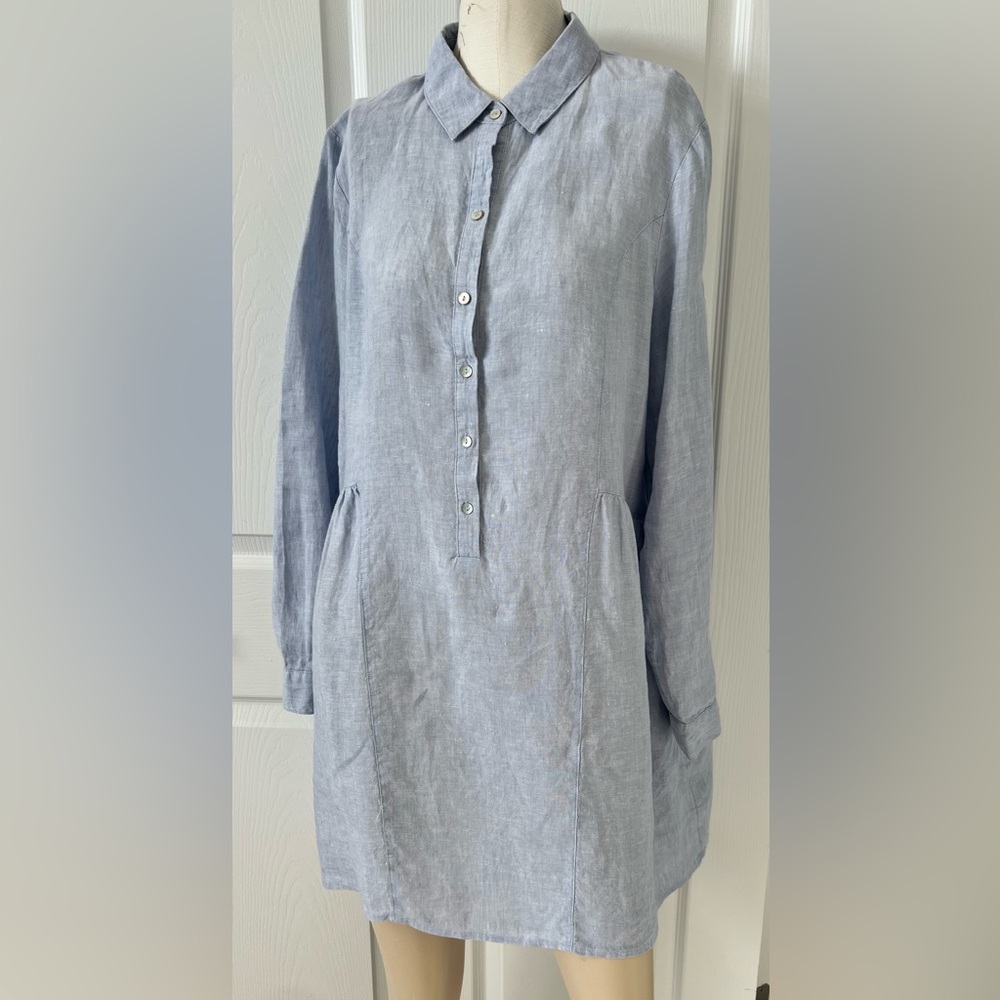 Halston 100% Linen Long-Sleeved Hi-Lo Mini Button-Up Dress Sz L - Picture 2 of 10